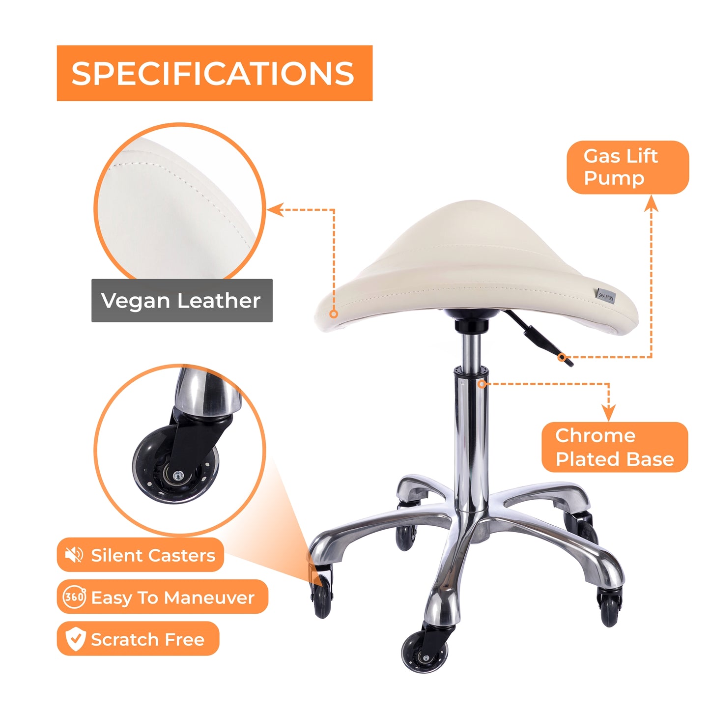 Spa Numa SADDLE Stool with Metal Base - 1022A - White