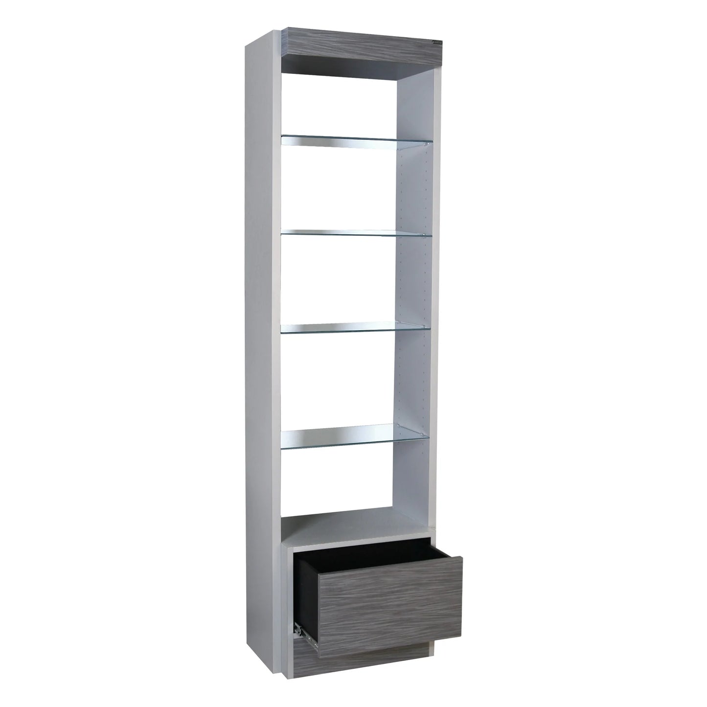 Tall narrow bookshelf with a drawer on a white background