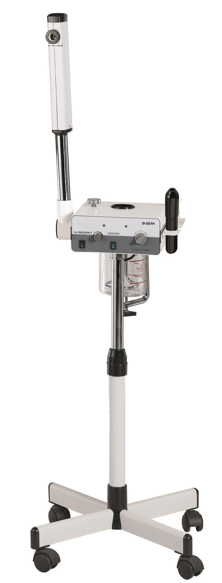 A professional B & S facial steamer with high frequency unit on a wheeled stand, featuring a timer, ozone function, and automatic shut-off.
