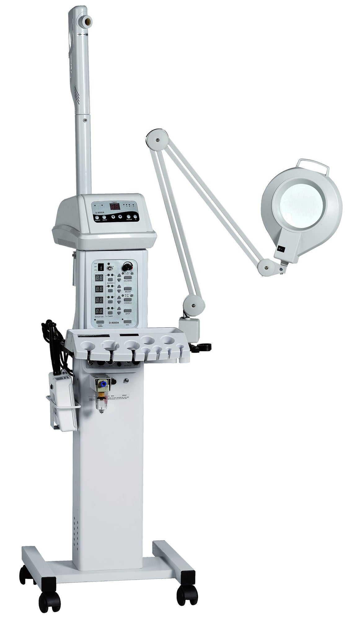 Multifunction facial treatment machine with various attachments and control panels, mounted on a wheeled base, with a magnifying lamp and Woods lamp extended.