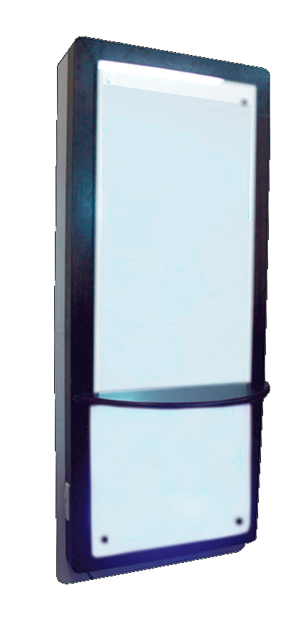 Wall mounted salon styling station with a mirror and shelf, predominantly white with a contemporary design.