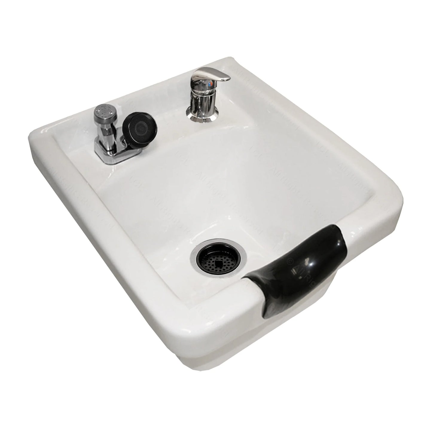 White sink with black handle on a white background