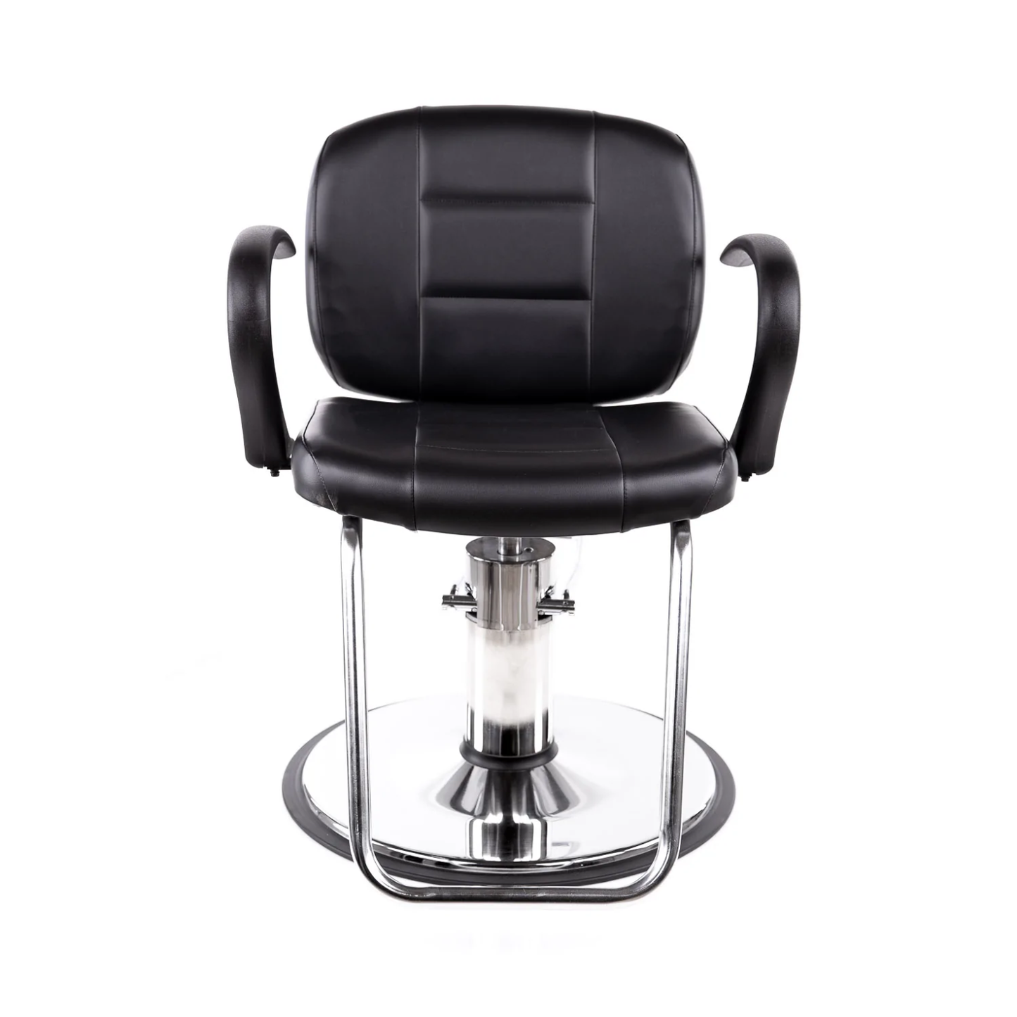 A professional black styling chair with hydraulic lift and ladder style stitched pattern, including open curved urethane arms.