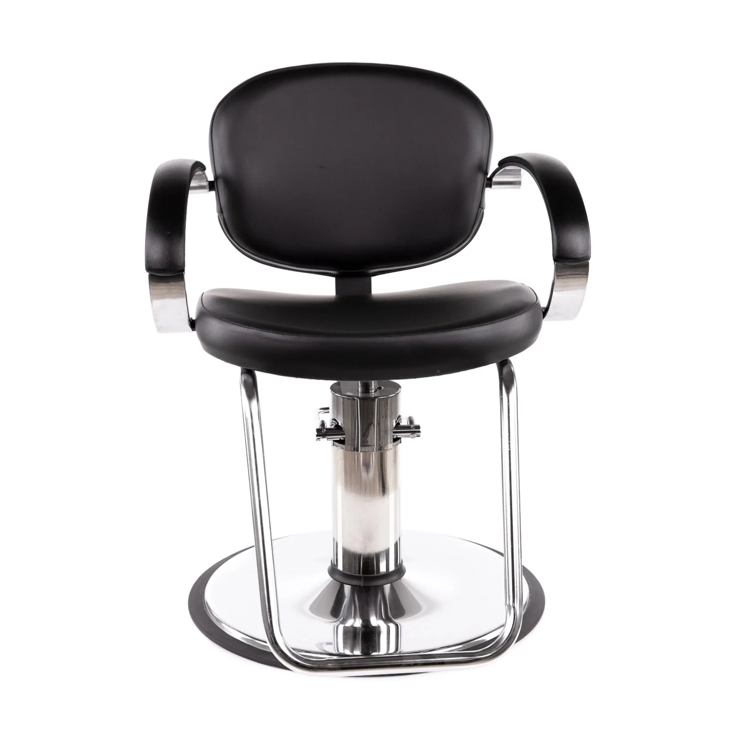 A hydraulic styling chair with black padding, aluminum frame, and chrome finish.