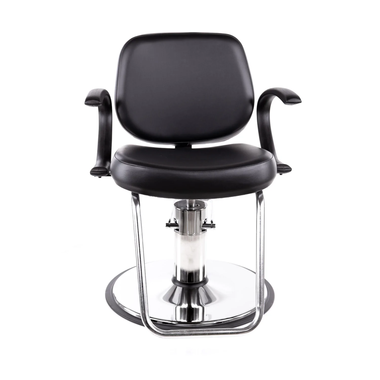 A Collins Massey Styling Chair with a black padded cushion, open urethane arms, and a metallic base.