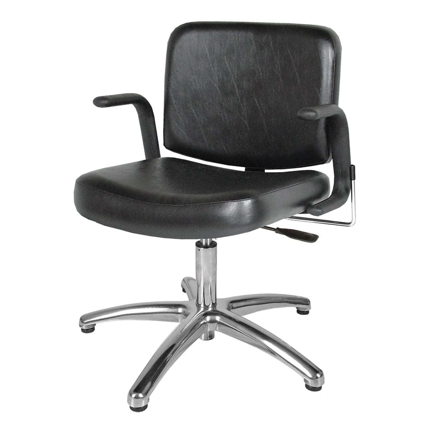 A black Monte Lever-Control Shampoo Chair with padded backrest and seat, featuring chrome-plated base and arms.