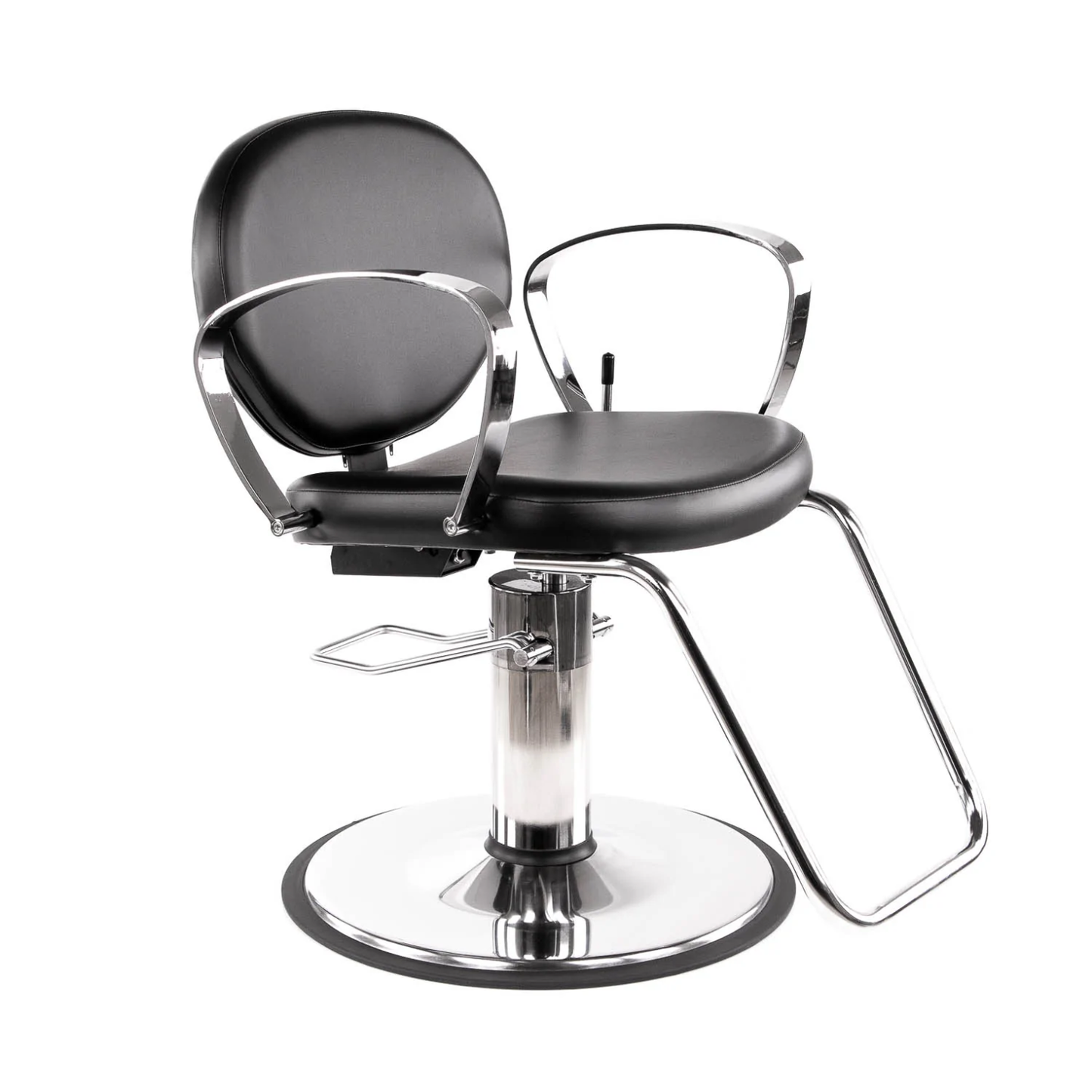A modern take on the all-purpose chair with hydraulic lift and chrome arms, featuring a black color scheme.