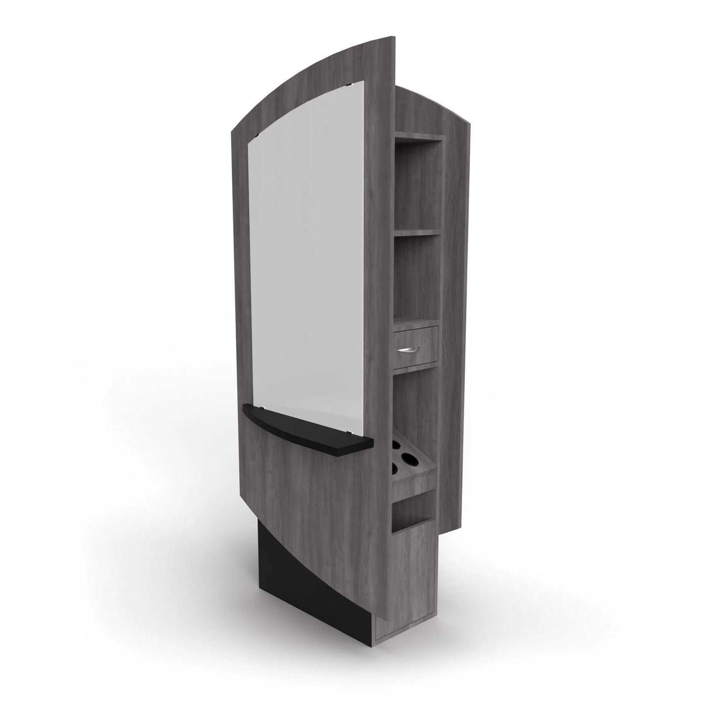 A gray Collins Klips Privacy Styling Island with a mirrored surface on one side and storage compartments.