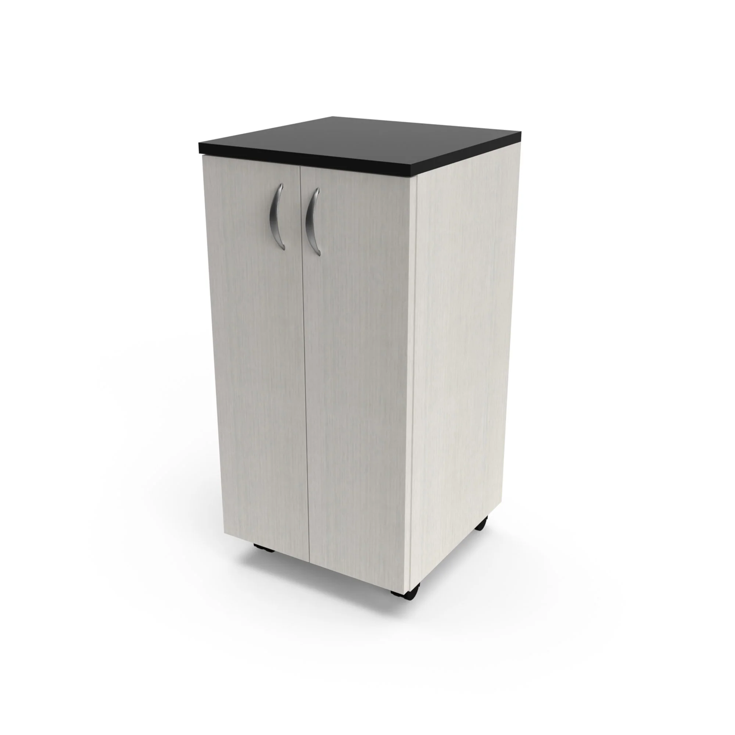 A white portable storage cabinet with two doors and a black countertop.