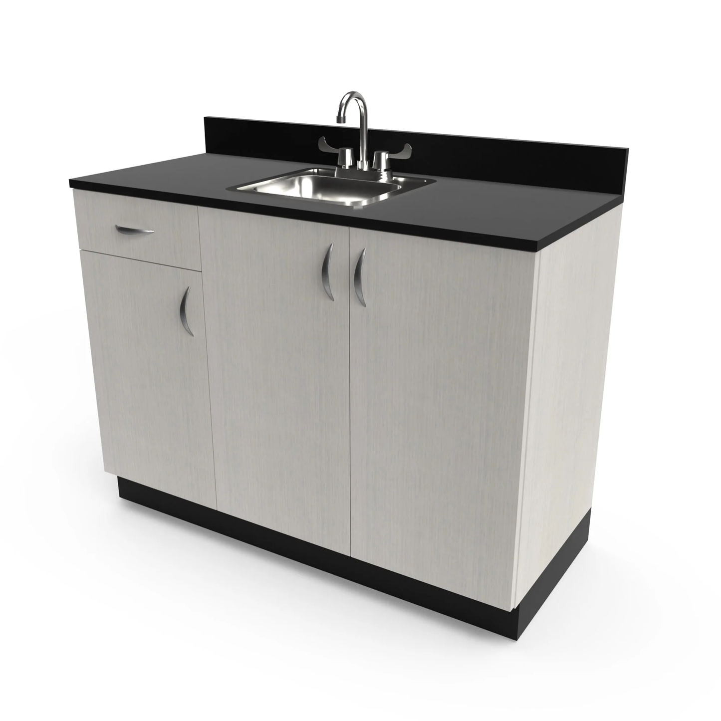 A 48 inches wide Collins Organizer sink cabinet with a stainless steel sink, three doors, one drawer, and adjustable shelves inside.