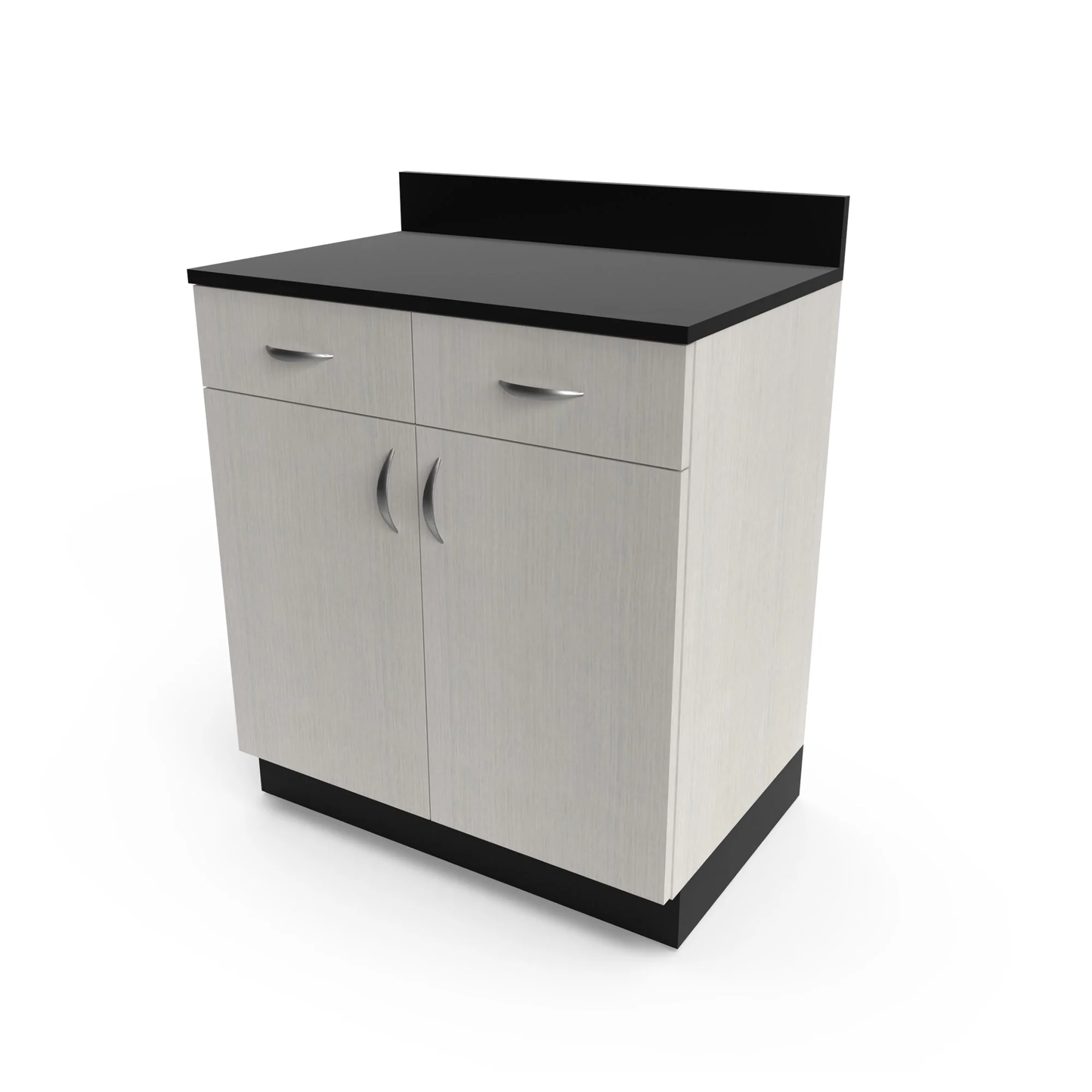 A 32" Collins Organizer base cabinet with two drawers and a storage cabinet, featuring a gray finish and a black countertop.