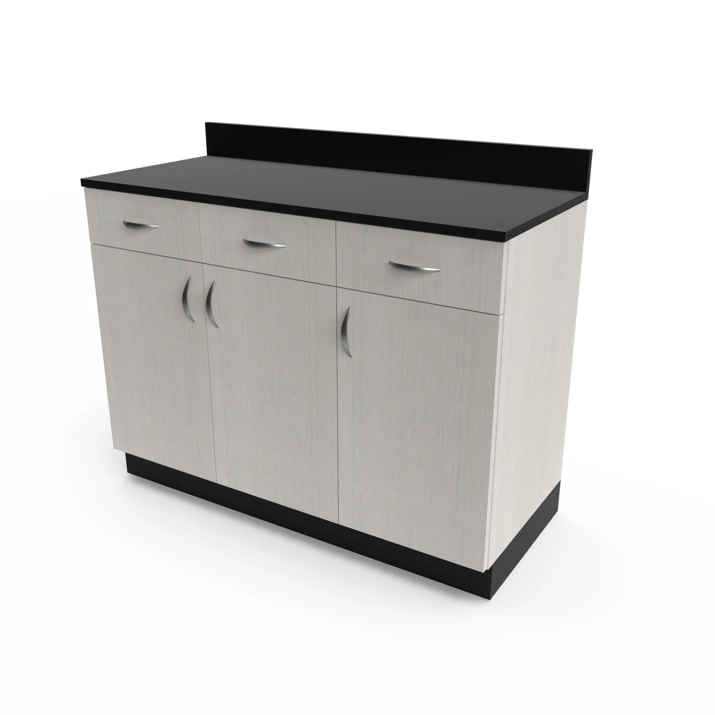 A 48-inch white base cabinet with three doors and a black countertop.