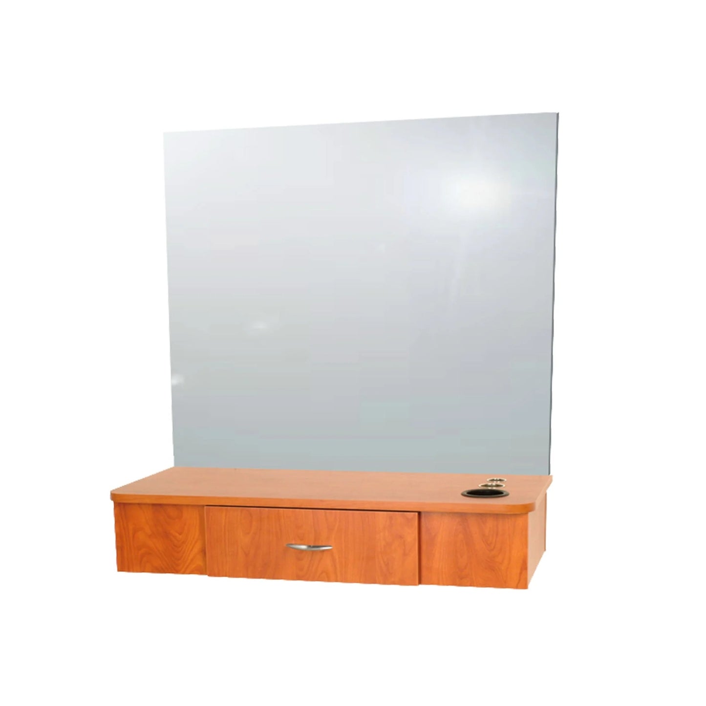 Wall-mounted styling station with a mirror and a wooden counter with a drawer. Tool holders are visible on the mirror's sides.