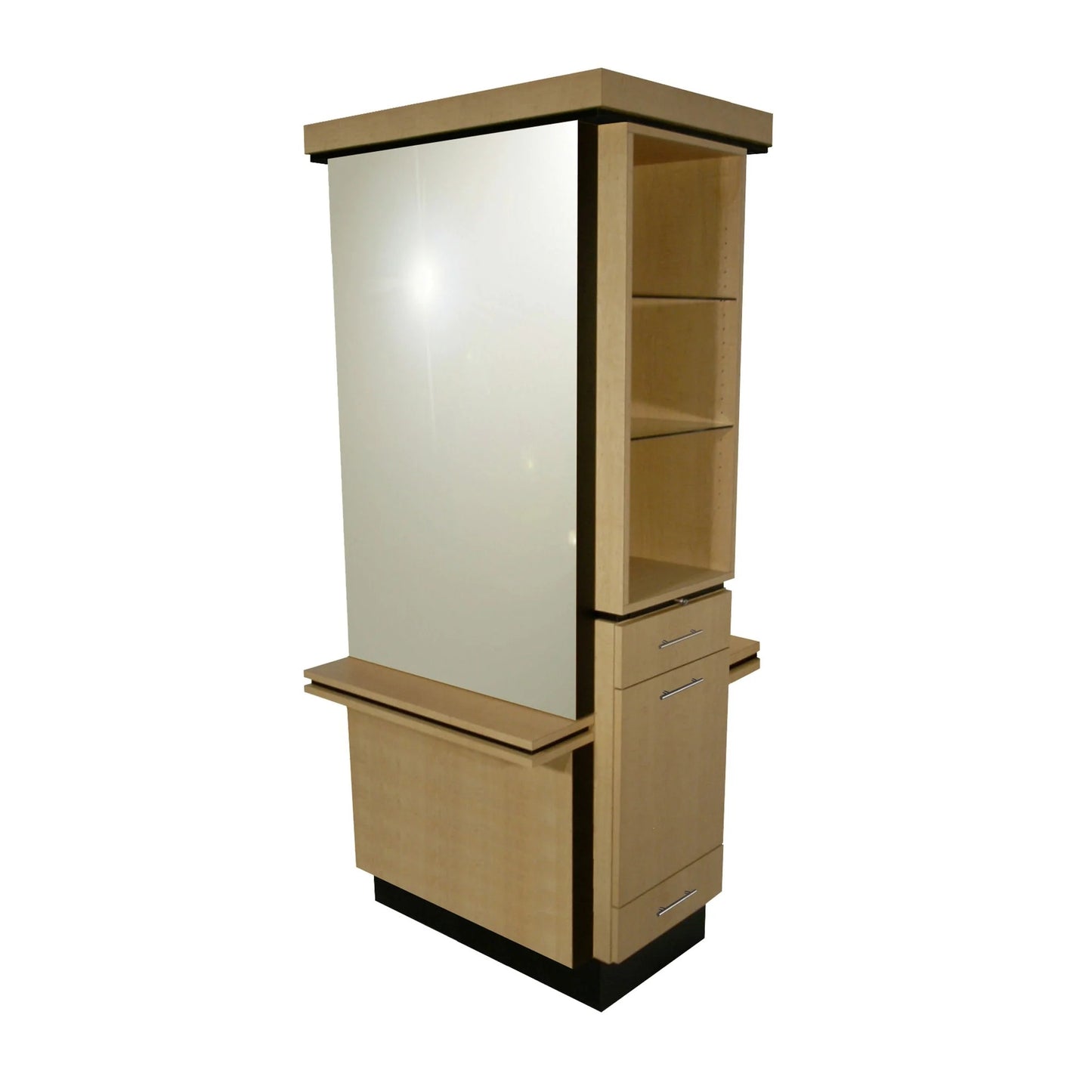 A Collins Neo Lucia Styling Vanity unit with a large mirror, wooden finish, and multiple storage shelves and drawers.