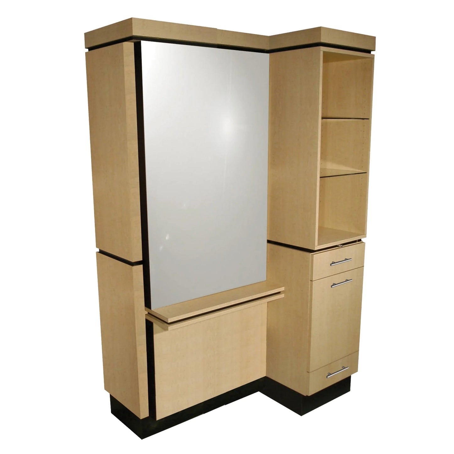 A Collins Neo Thomas Styling Island featuring a large mirror, wooden finish, with shelves and drawers for storage, designed for a hairdressing salon.