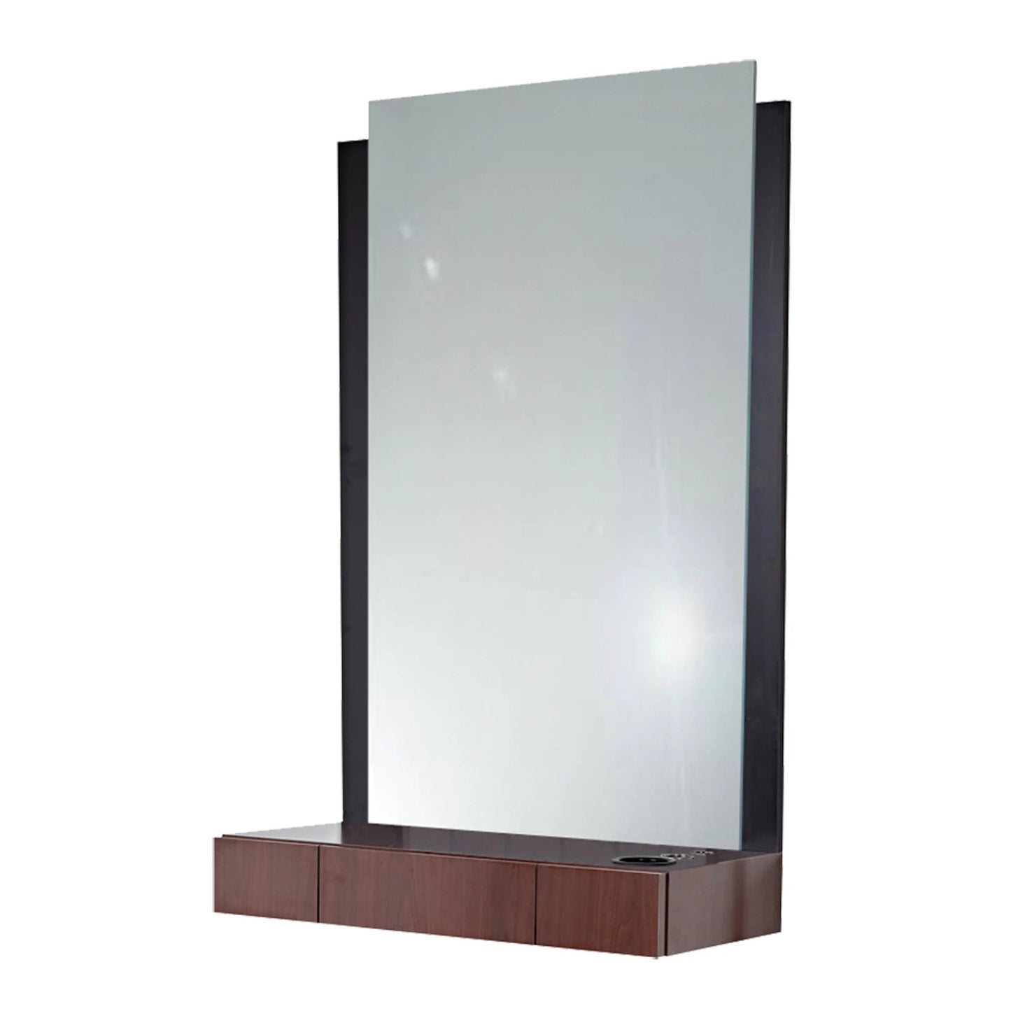 A wall-mounted styling station with a large mirror and a wooden countertop holding a blow dryer, positioned against a plain background.