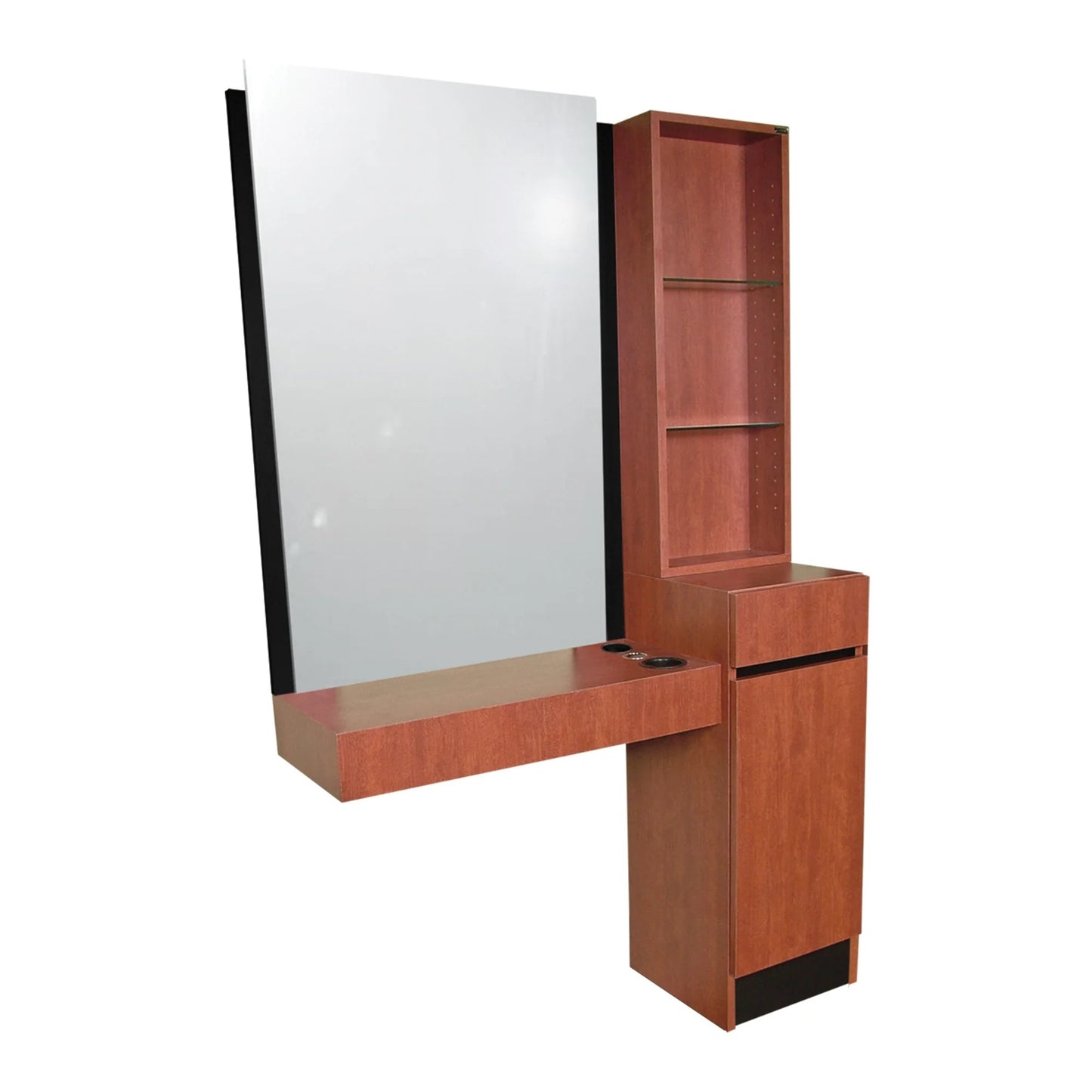 A Collins Reve Styling Station with Retail shelving, featuring a large mirror, a wooden finish, and a tool holder.
