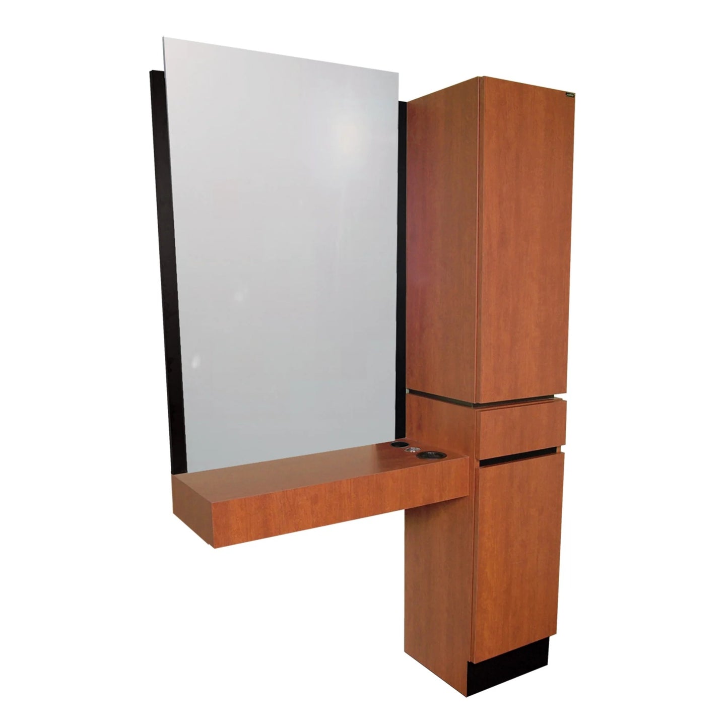 A Collins Reve Tower Styling Station with storage cabinets and a large mirror, featuring a sleek brown finish with no visible hardware.