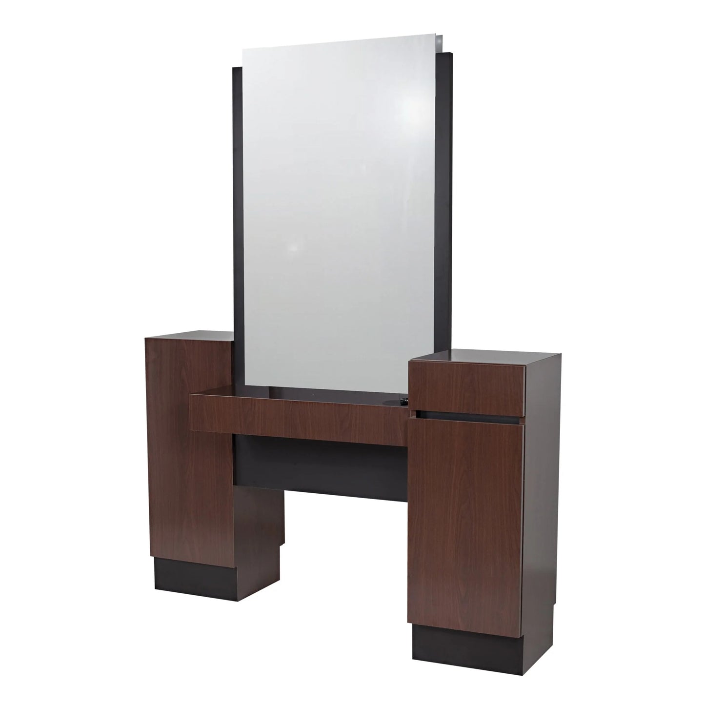 A brown wooden vanity styling island with a large mirror, designed for use in a salon.