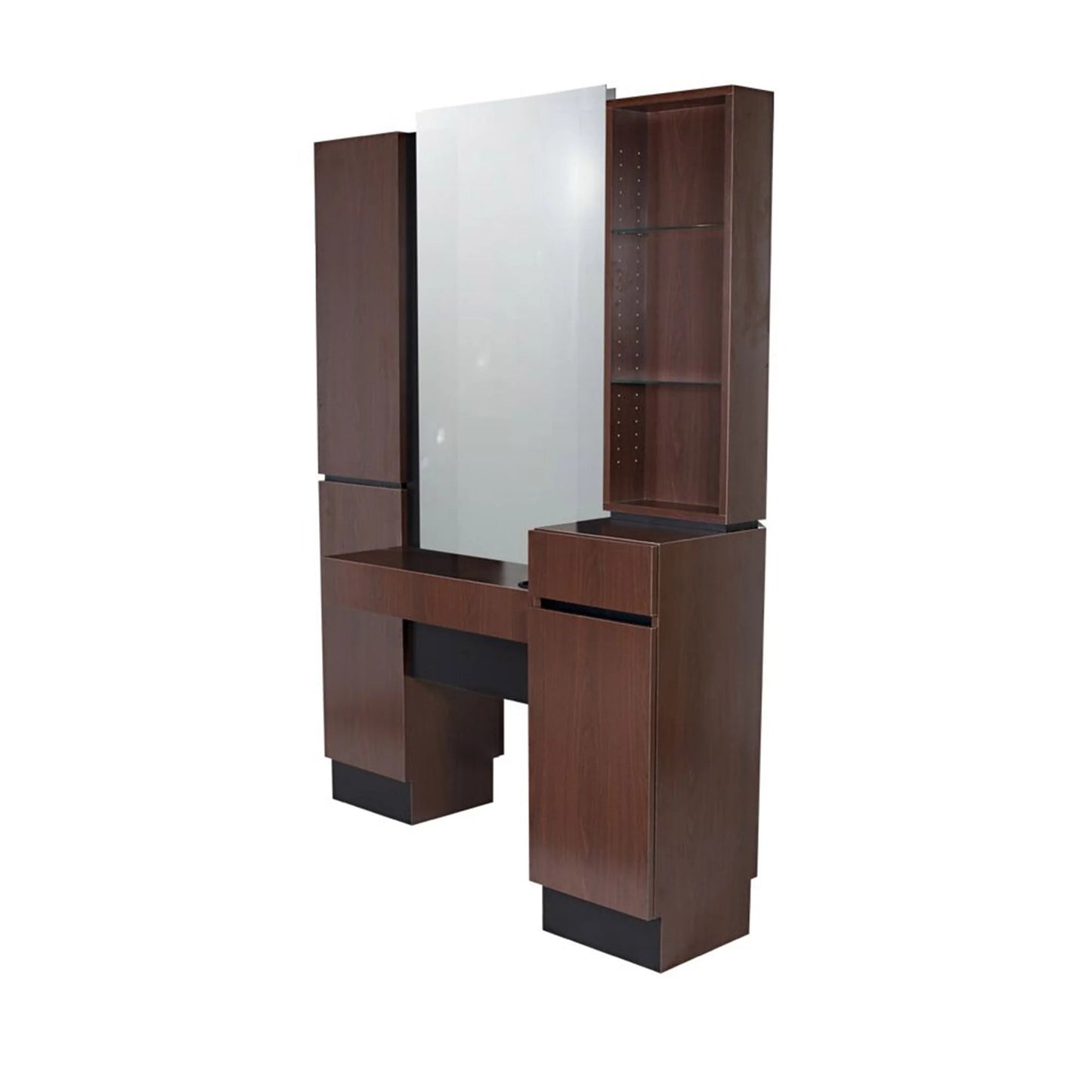 A Collins Reve Styling Island with retail space, featuring a large mirror, brown wooden cabinets, and glass shelves.