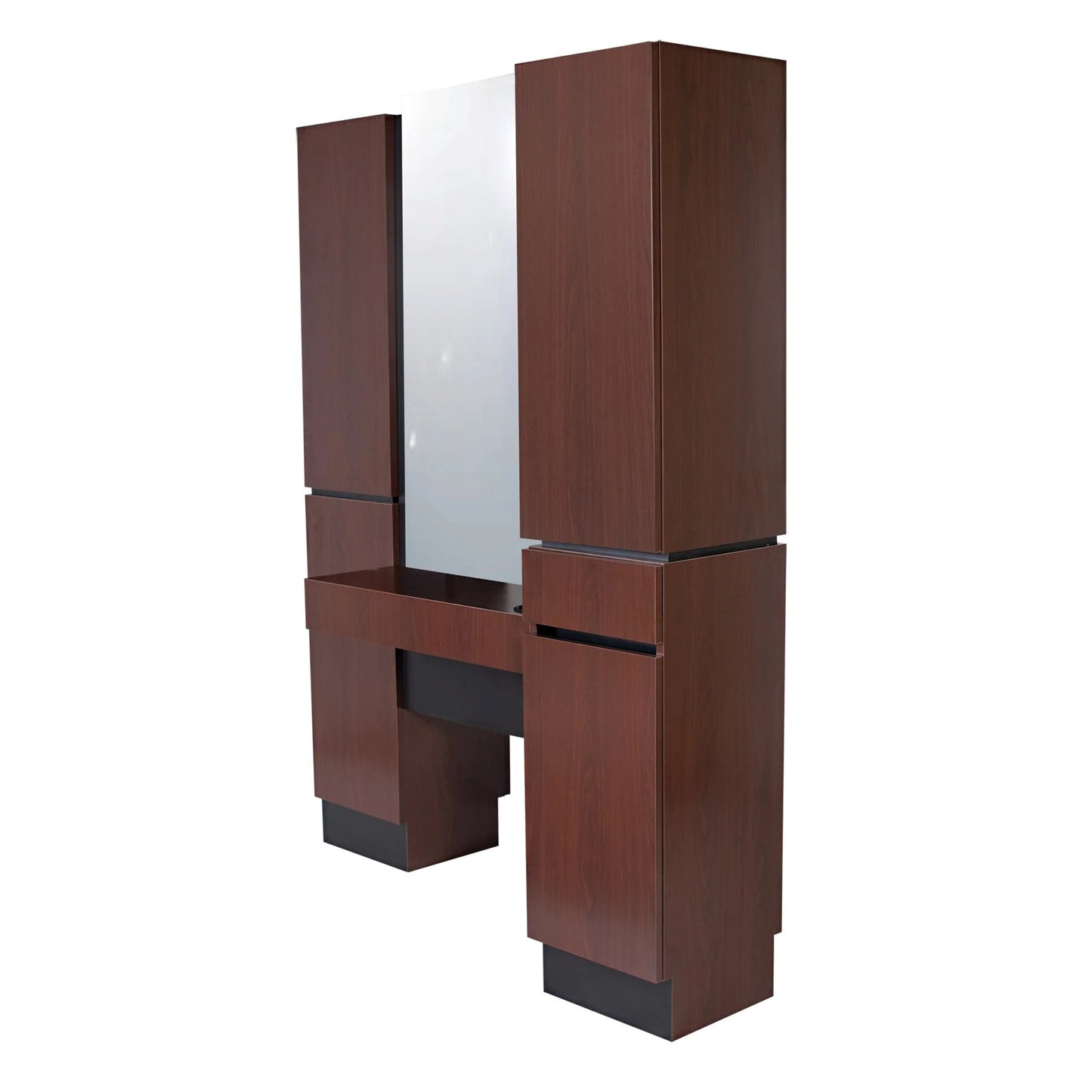 A modern styling island with a mirrored section, designed for two back-to-back stylists, with brown finish and wooden materials.