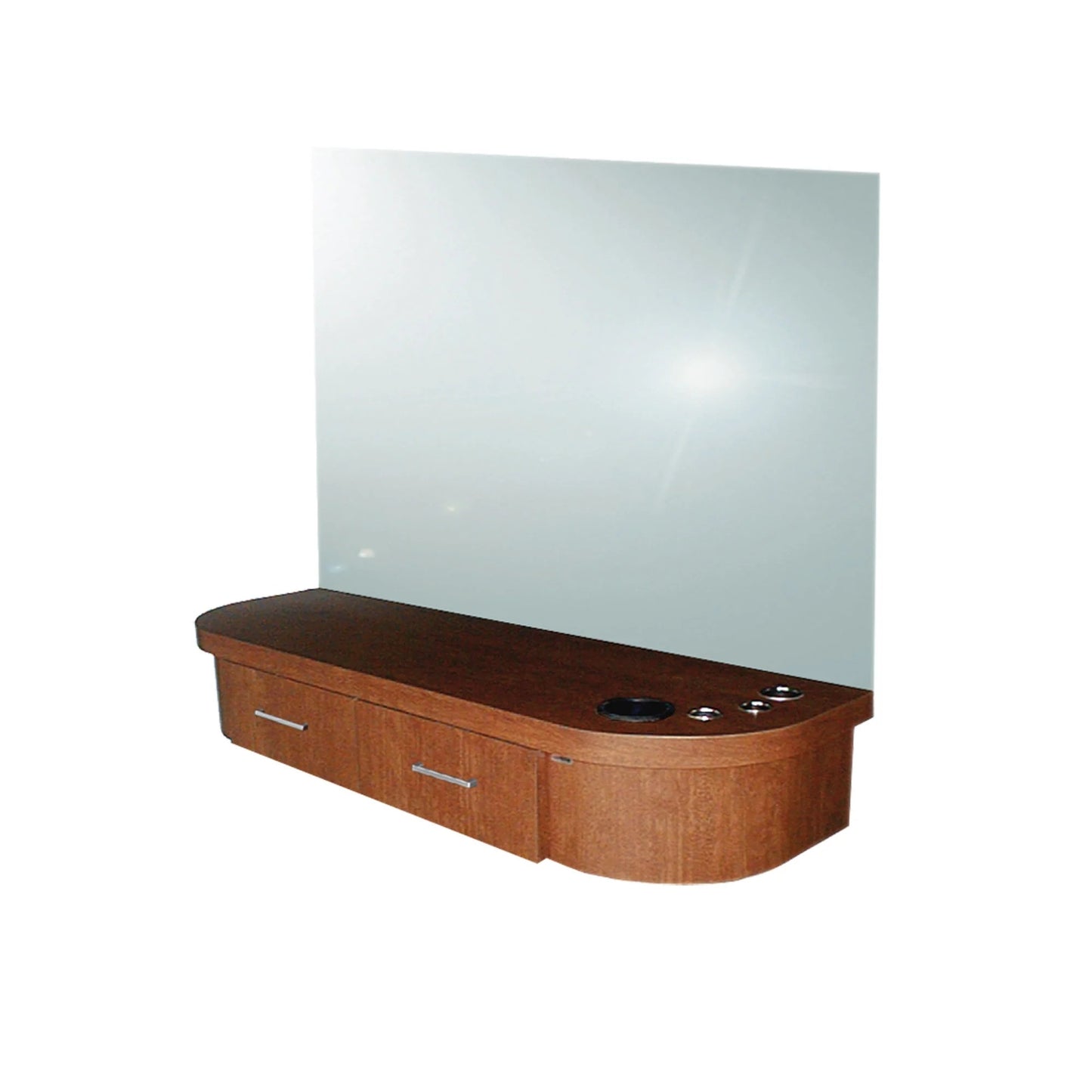 Wall-mounted styling station with a mirror and storage drawers, in a wood finish.