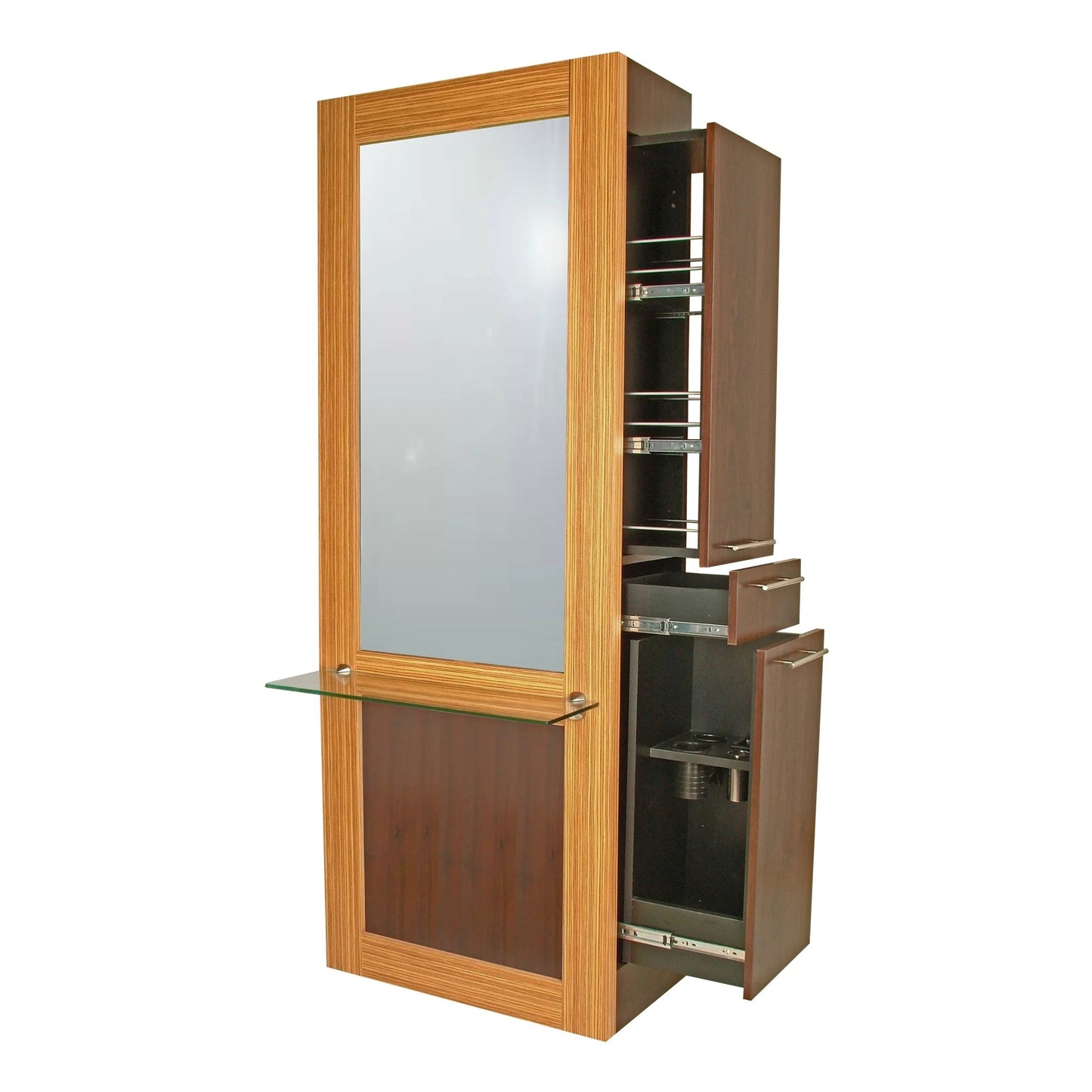 Front-facing Collins RIO Formula Styling Station featuring sleek design, drawers, and shelves for hairstyling tools.