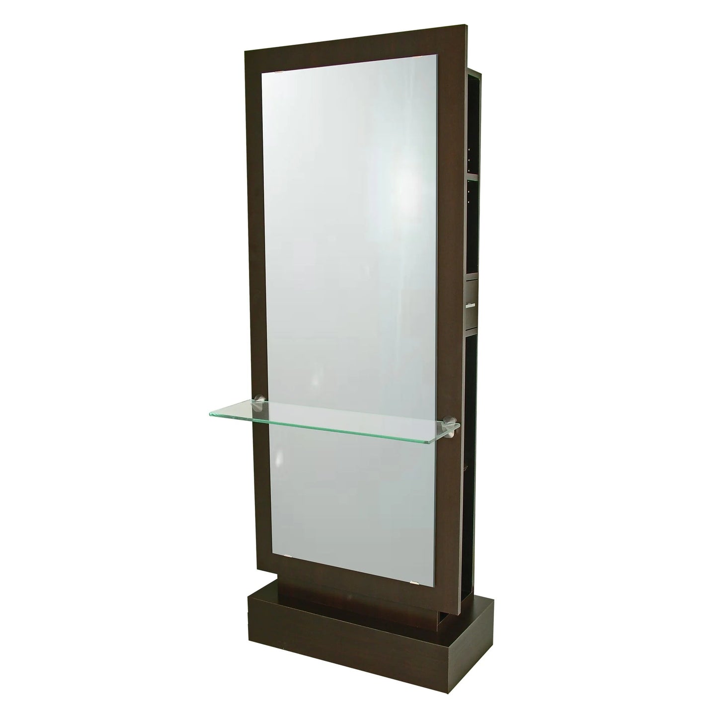 A modern Collins Rio Artistry Styling Station with a dark finish, featuring a large mirror, a glass shelf, and storage options.