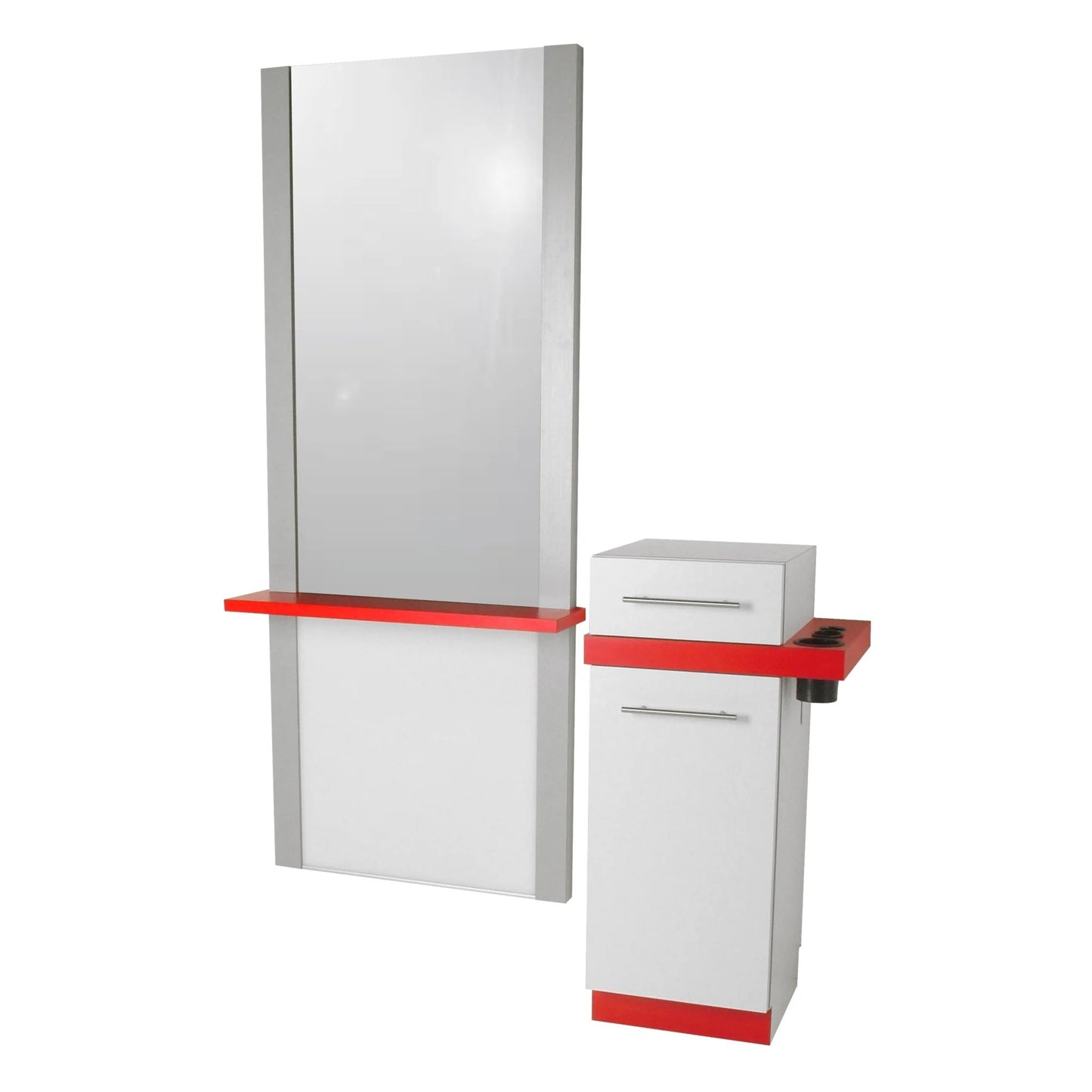 Collins Alta Styling Vanity featuring a mirror, spacious countertop work surface, and built-in storage for professional salon use.