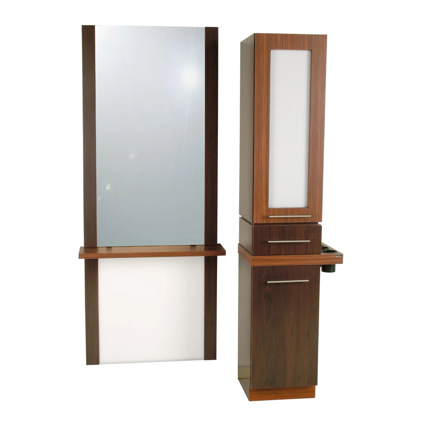 Collins Alta A-Tall Styling Vanity featuring a tall mirror, countertop work surface, and integrated storage for professional salon use.