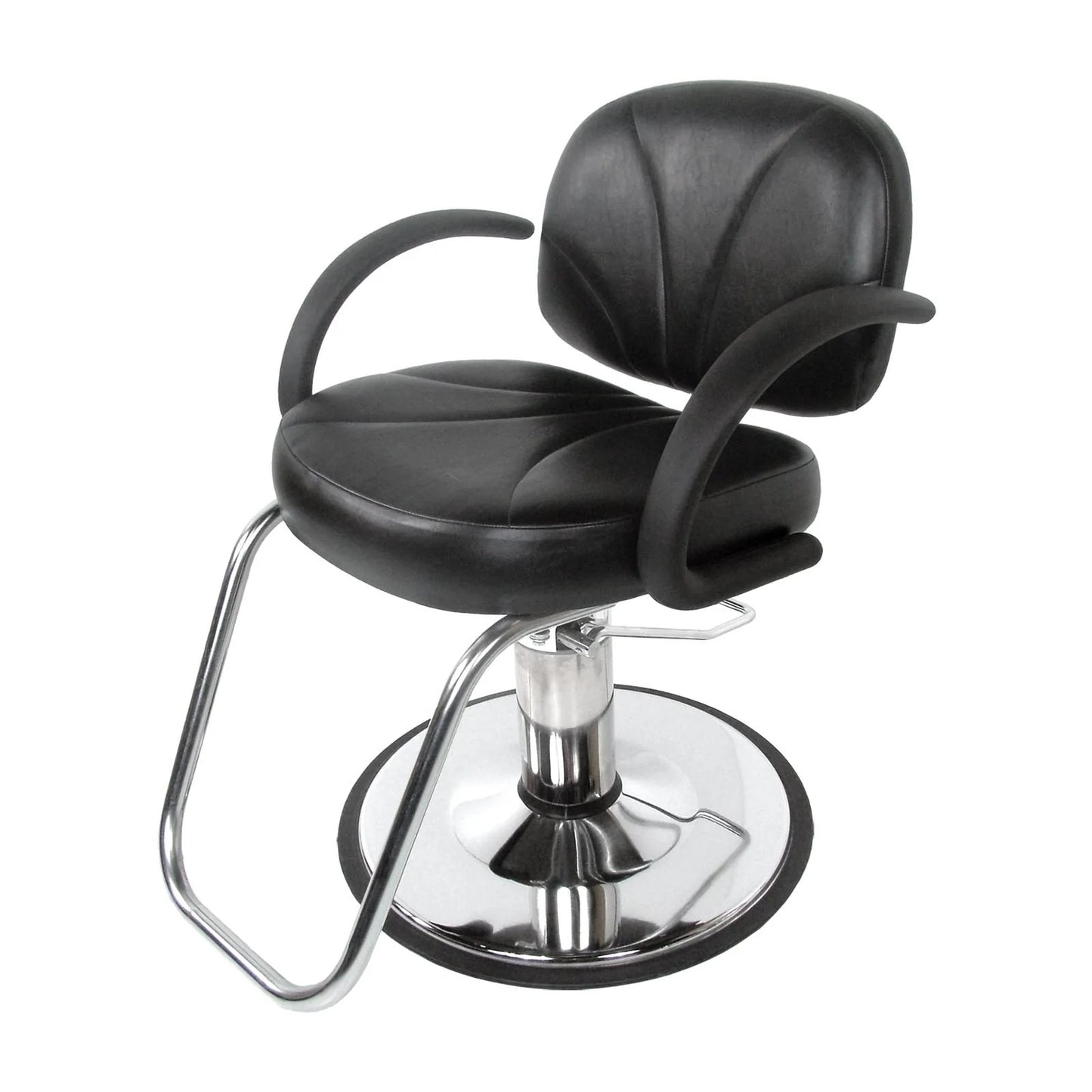 A black hydraulic styling chair with chrome base and arms, designed for hairdressing and cosmetology.