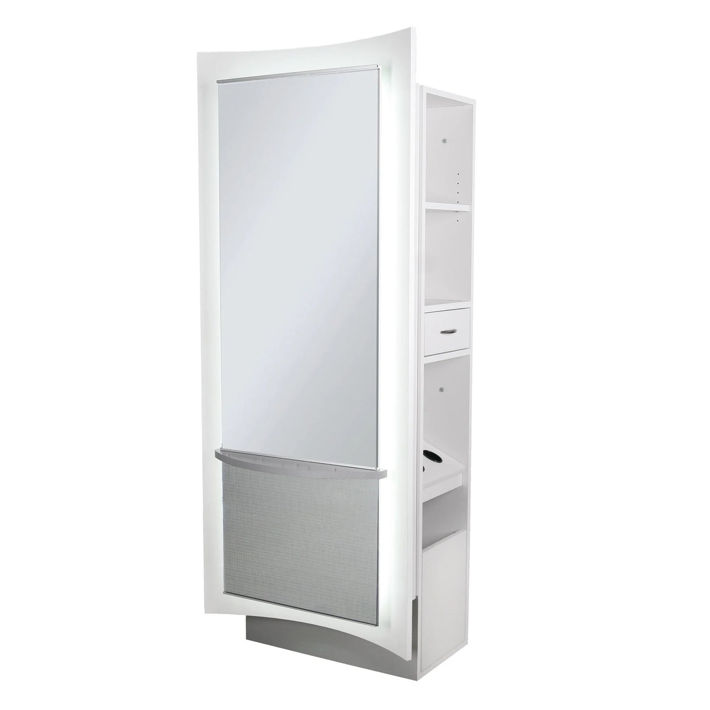 A white Collins Kurve Formula Styling Station with LED lighting, etched glass accent, and multiple storage compartments.