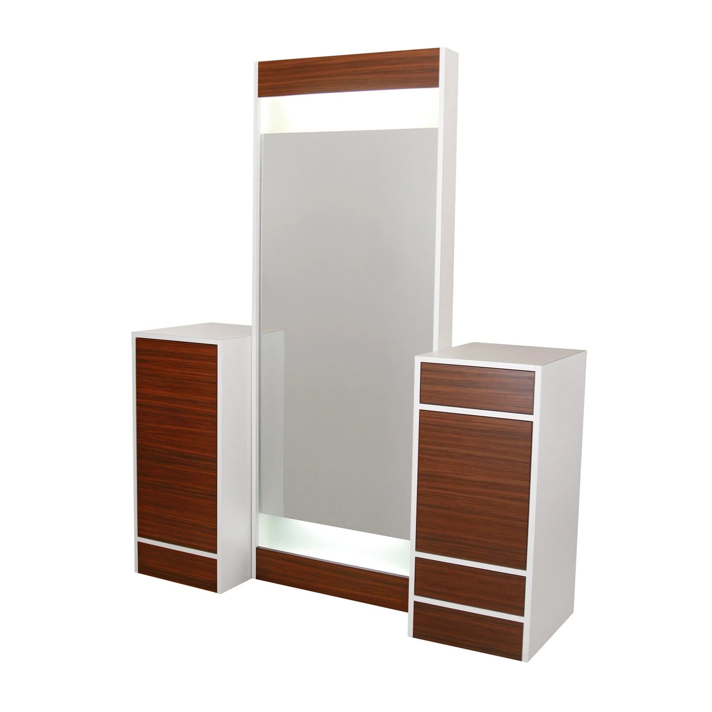 A contemporary narrow styling island with a frameless back-lit mirror and brown wood accents, featuring two push-to-open drawers and a tool panel.