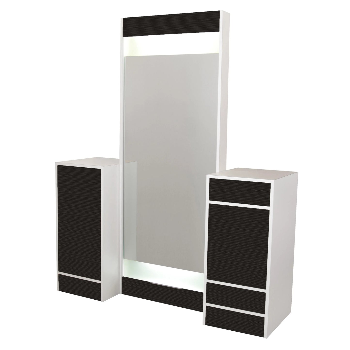 A contemporary white and black styling island with a frameless back-lit mirror and storage vanities.