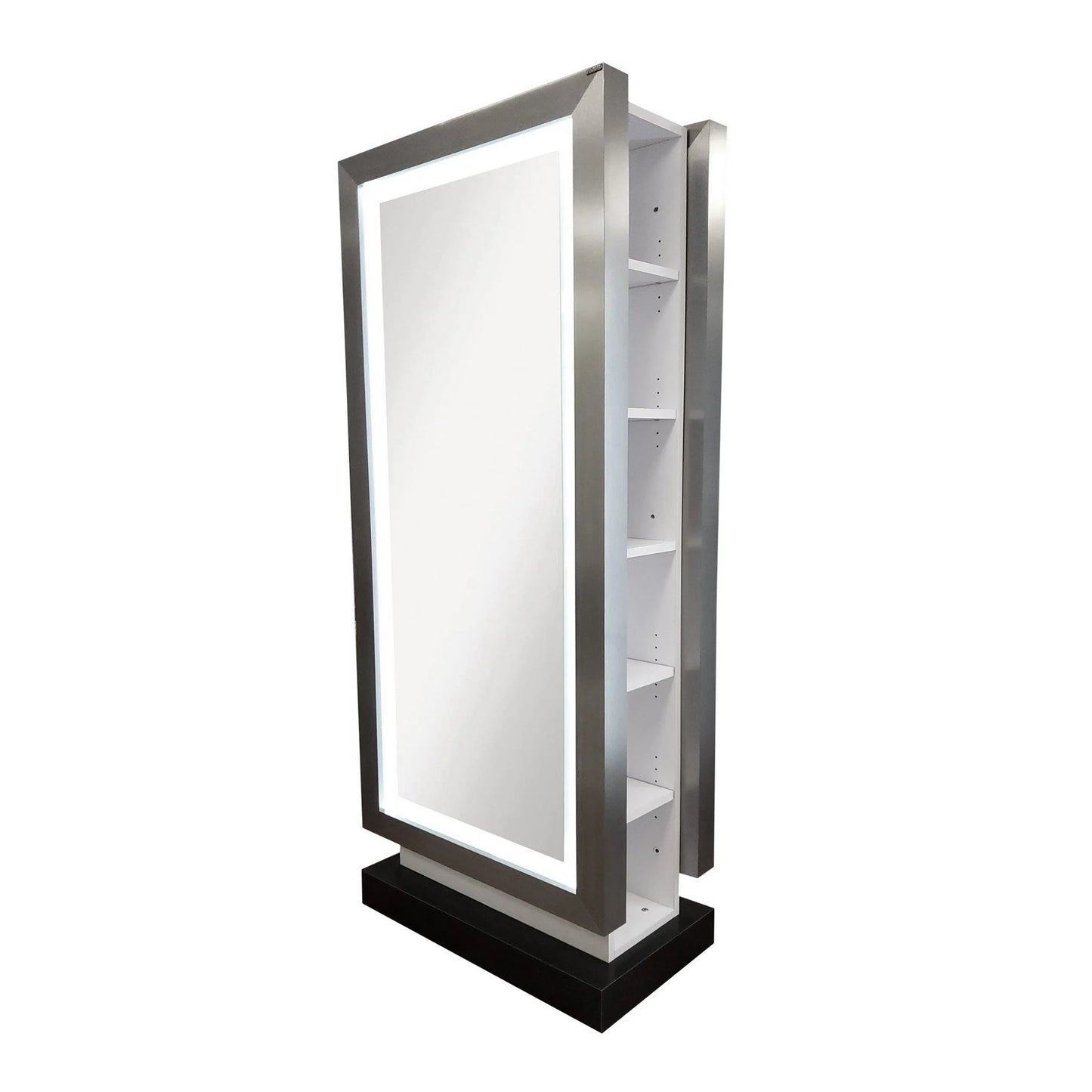 A free-standing styling island featuring a full-length mirror with a frosted-border and LED lights, with shelves for storage.