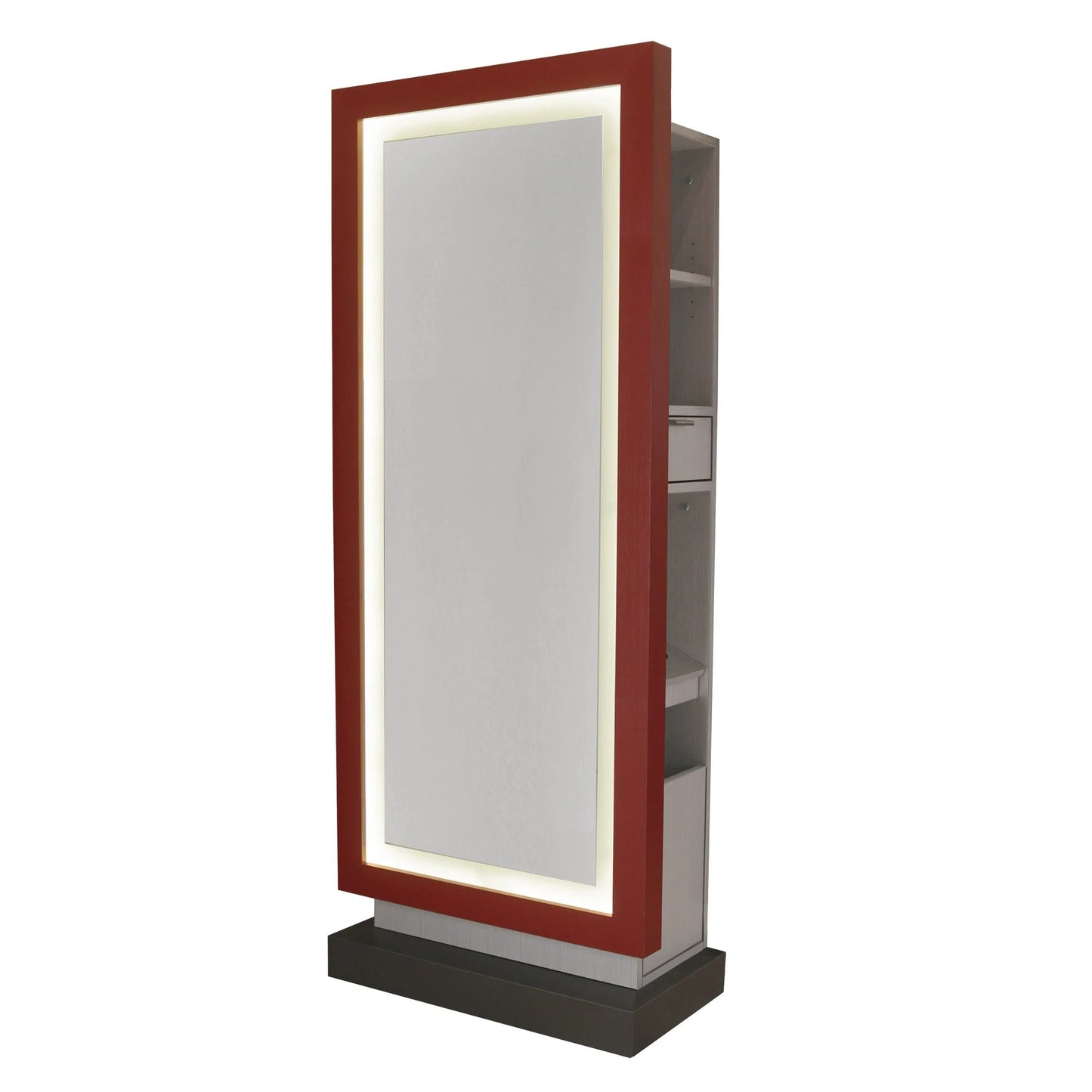 Collins Zada Formula Styling Station featuring a sleek vertical design with mirror, storage compartments, and work surface for salon use.