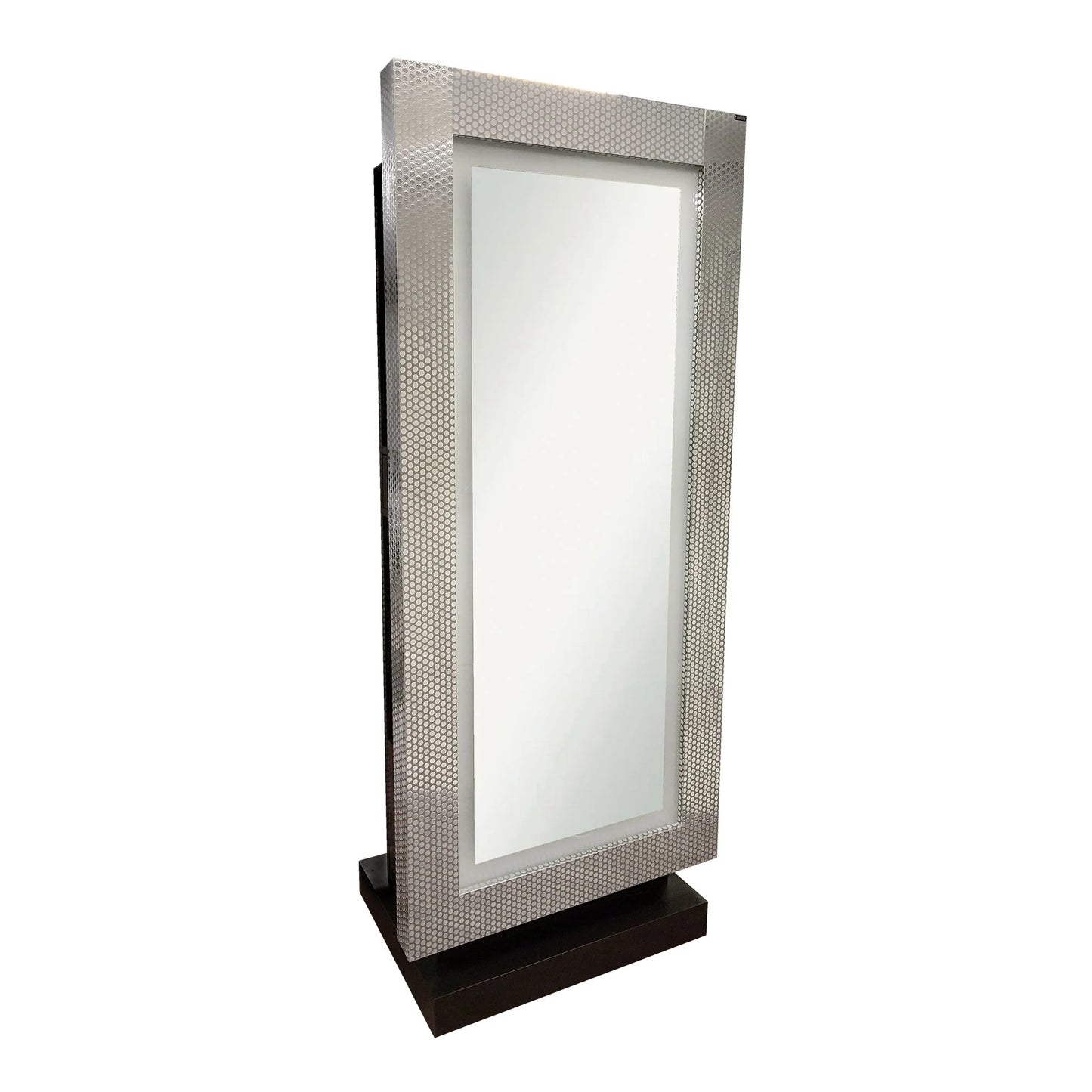 A professional Zada styling station with a full-length frosted-border mirror with LED lights, multiple storage shelves and drawers, and a tool panel.