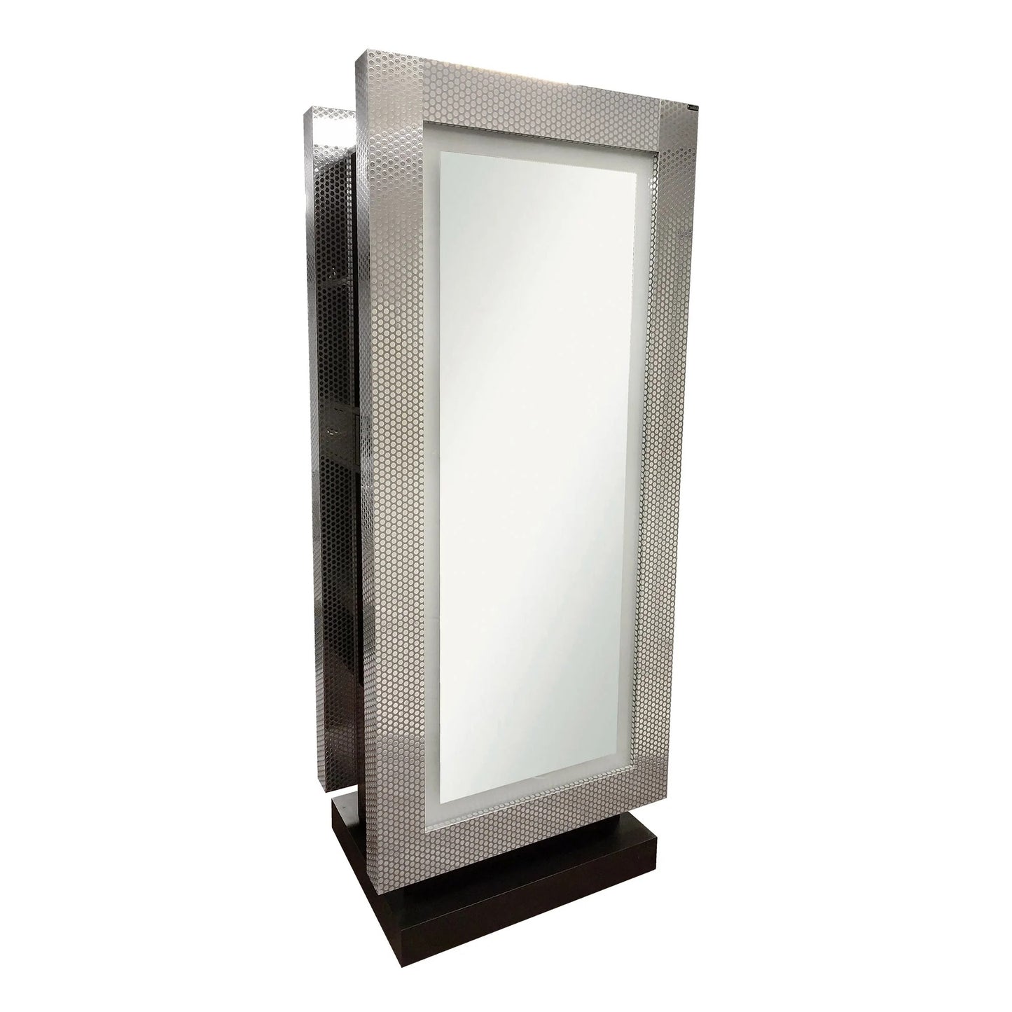 A professional styling island with a full-length mirror, metal laminate finish, storage shelves, and LED lights.
