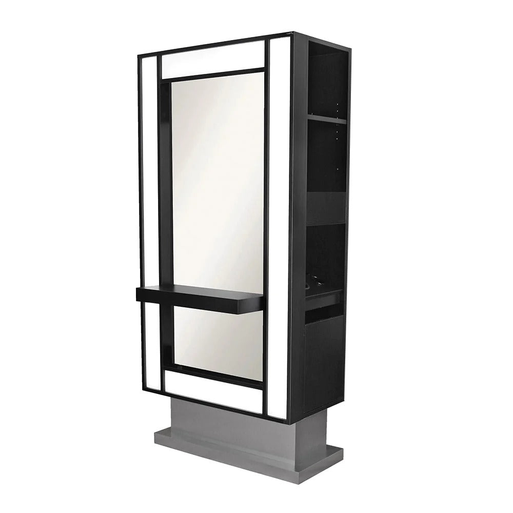 A free-standing salon styling station with a full-length mirror, storage shelves, and a metal base, primarily in black color with white accents.