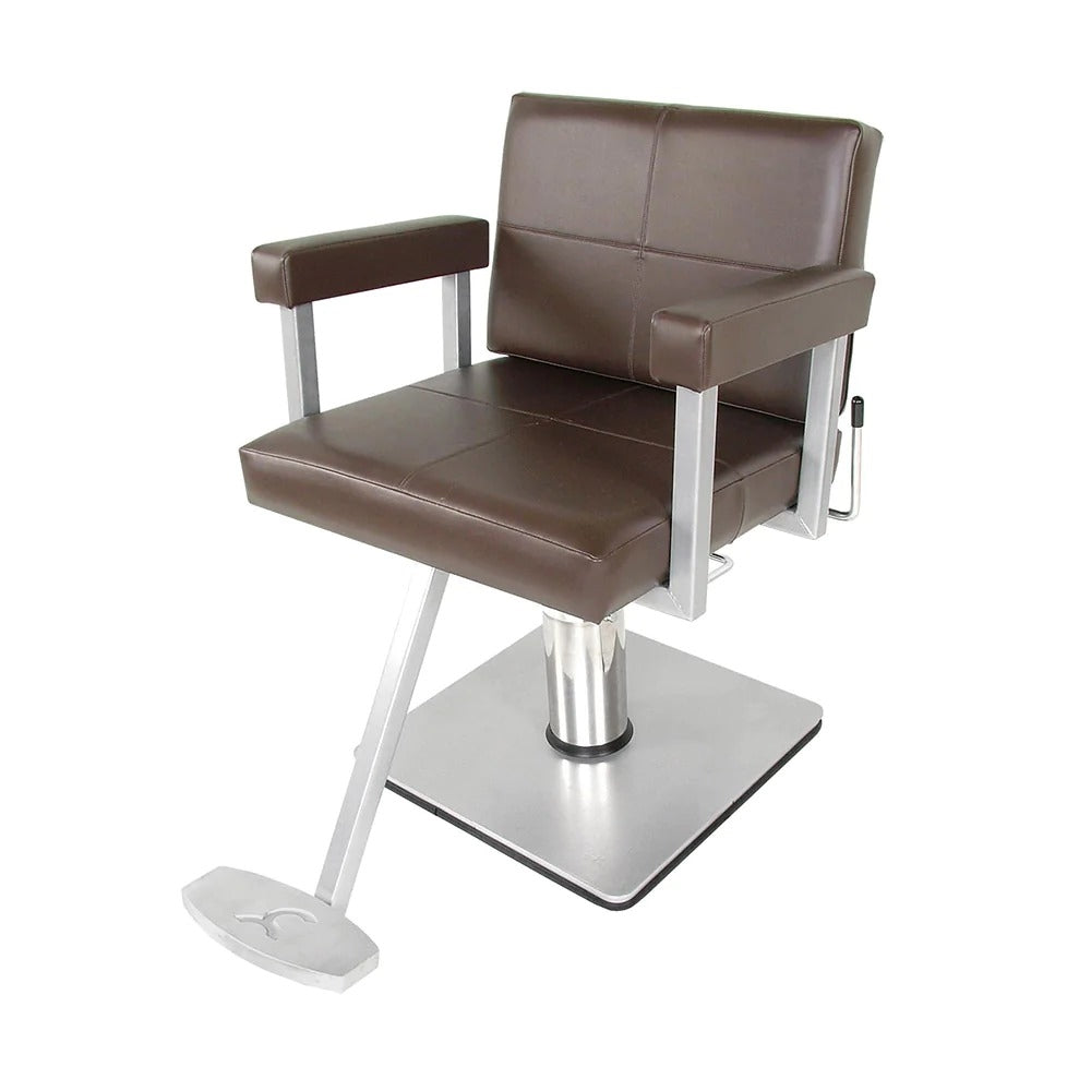 A brown all-purpose chair with a square seat and back cushion, tubular steel arms, and a metallic footrest with the Collins logo.