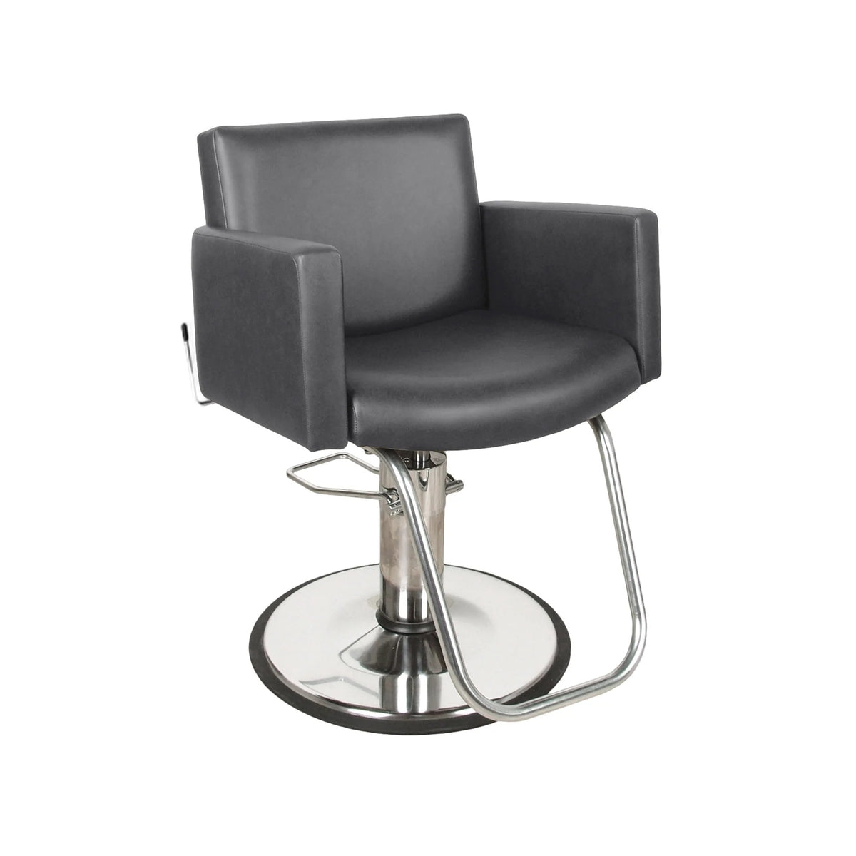 A Collins Cigno All-Purpose Chair with black padding and a silver metallic base, designed for hairdressing and cosmetology.