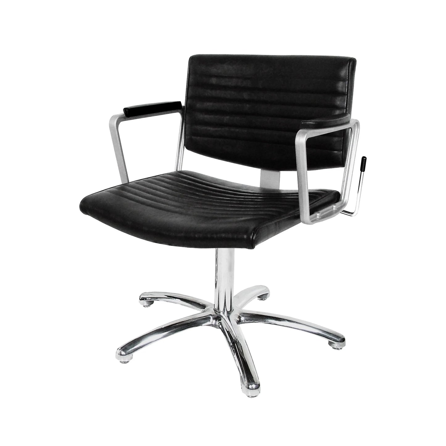 A black salon shampoo chair with lever control, featuring solid cast-aluminum arms and a cast-aluminum footrest with powder coated steel supports.