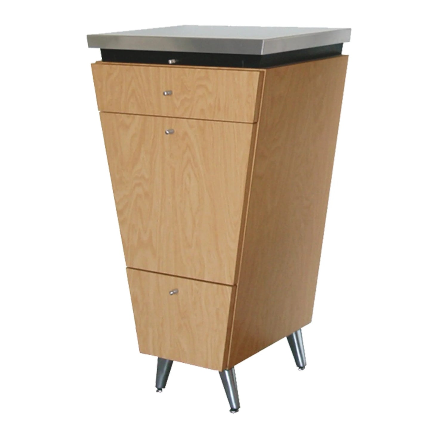 A contemporary styling station with a stainless-steel work surface and cast-aluminum legs, featuring drawers and a V-shaped design.