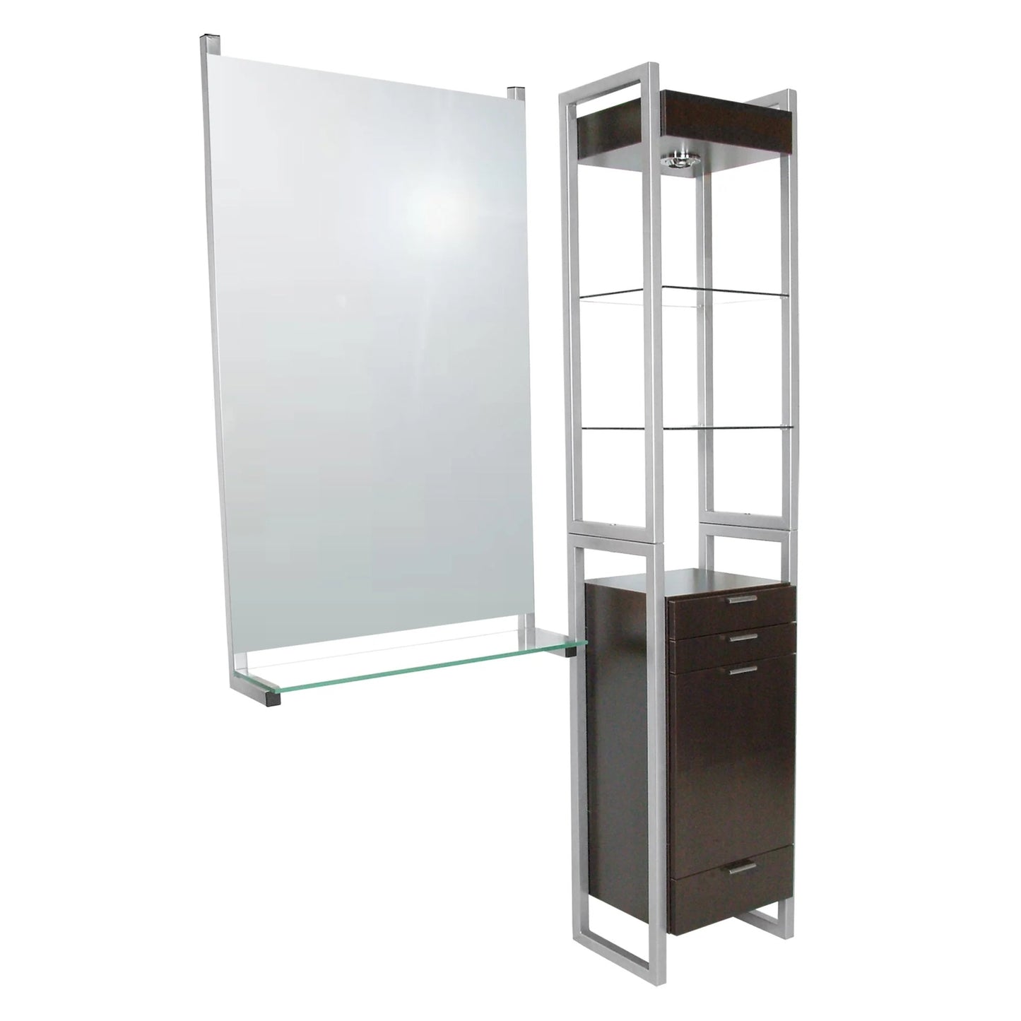 A tall styling vanity with a glass shelf and steel sides, featuring a mirror on the left and a dark brown drawer unit on the right.