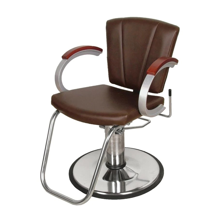 Side view of Vanelle All-Purpose Chair featuring cushioned seat, armrests, and adjustable recline for multi-service salon treatments.