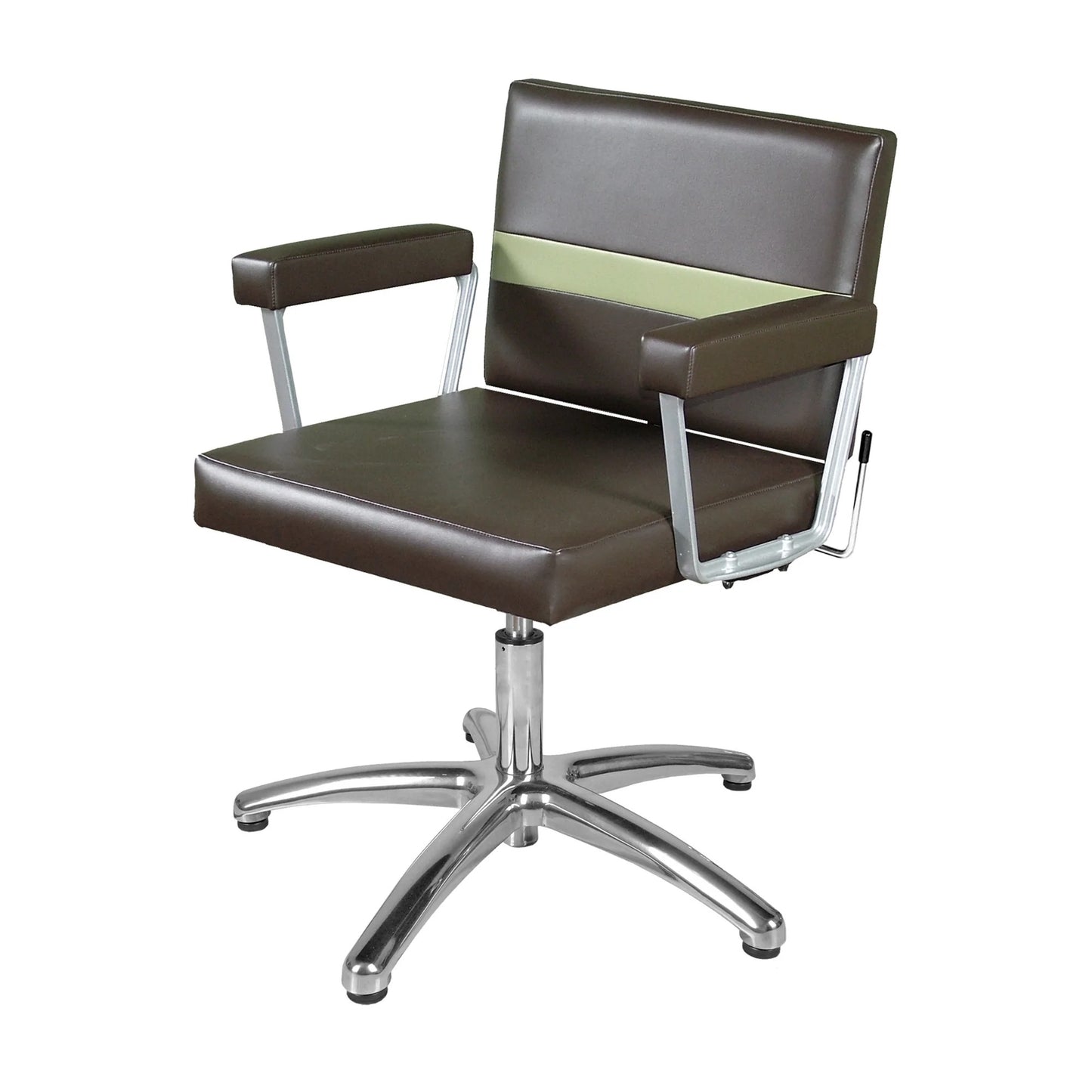 A brown Collins Taress Lever-Control Shampoo Chair with metal base and armrests, gas-lift cylinder for height adjustment.