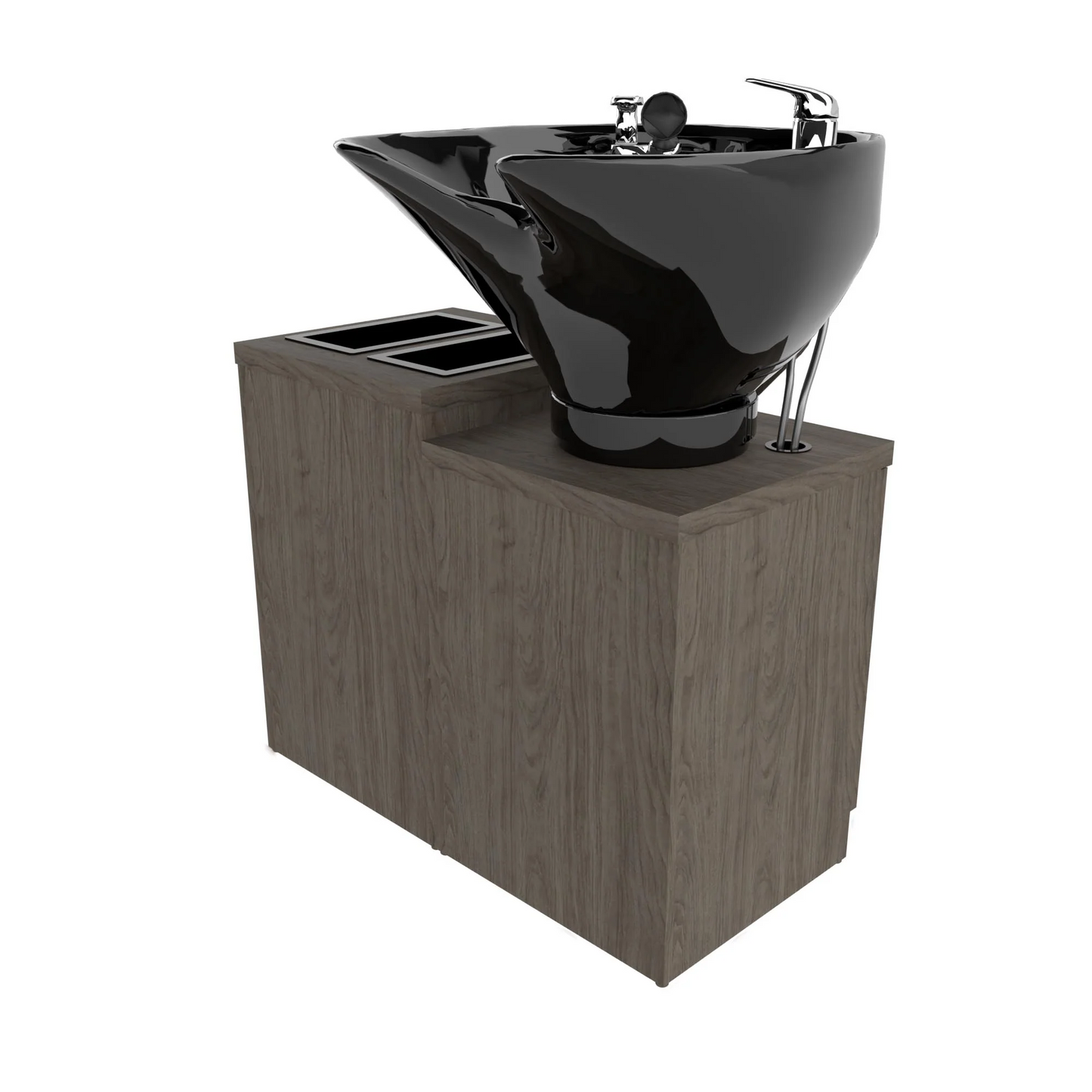 A black tilting bowl on a gray Collins shampoo pedestal with bottle well storage cabinet.