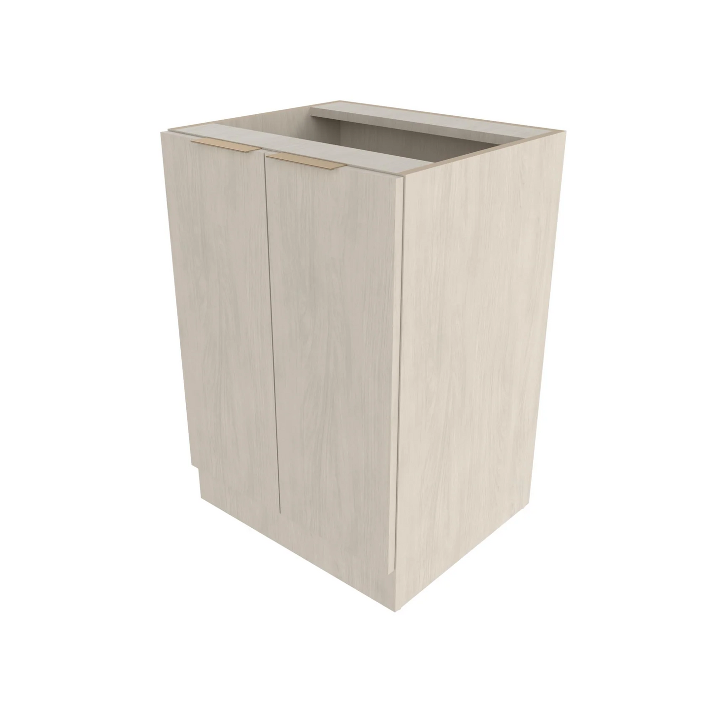 A white 24 inch base cabinet with two doors and a flat toe-kick, with no visible countertop or backsplash.