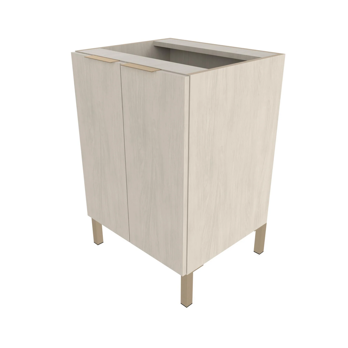 A white 24 inch base cabinet with legs, featuring two cabinet doors and two adjustable shelves inside.