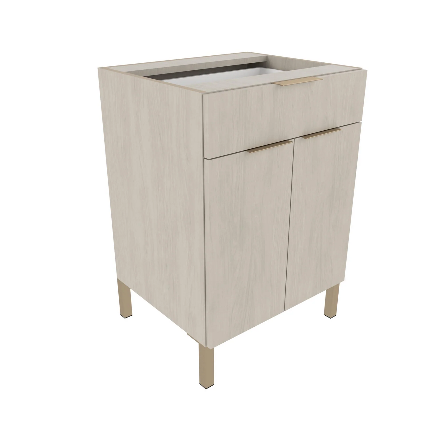 A beige 24 inch door drawer base with legs, featuring a top drawer and two cabinet doors with adjustable shelves inside the open cabinet below.